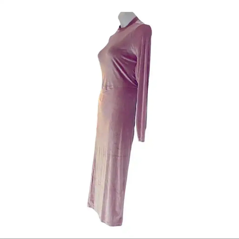 ASHRO Velour Stretchy Midi Blush Pink Dress Mock Neck Office Dinner Party Guest - Picture 4 of 10